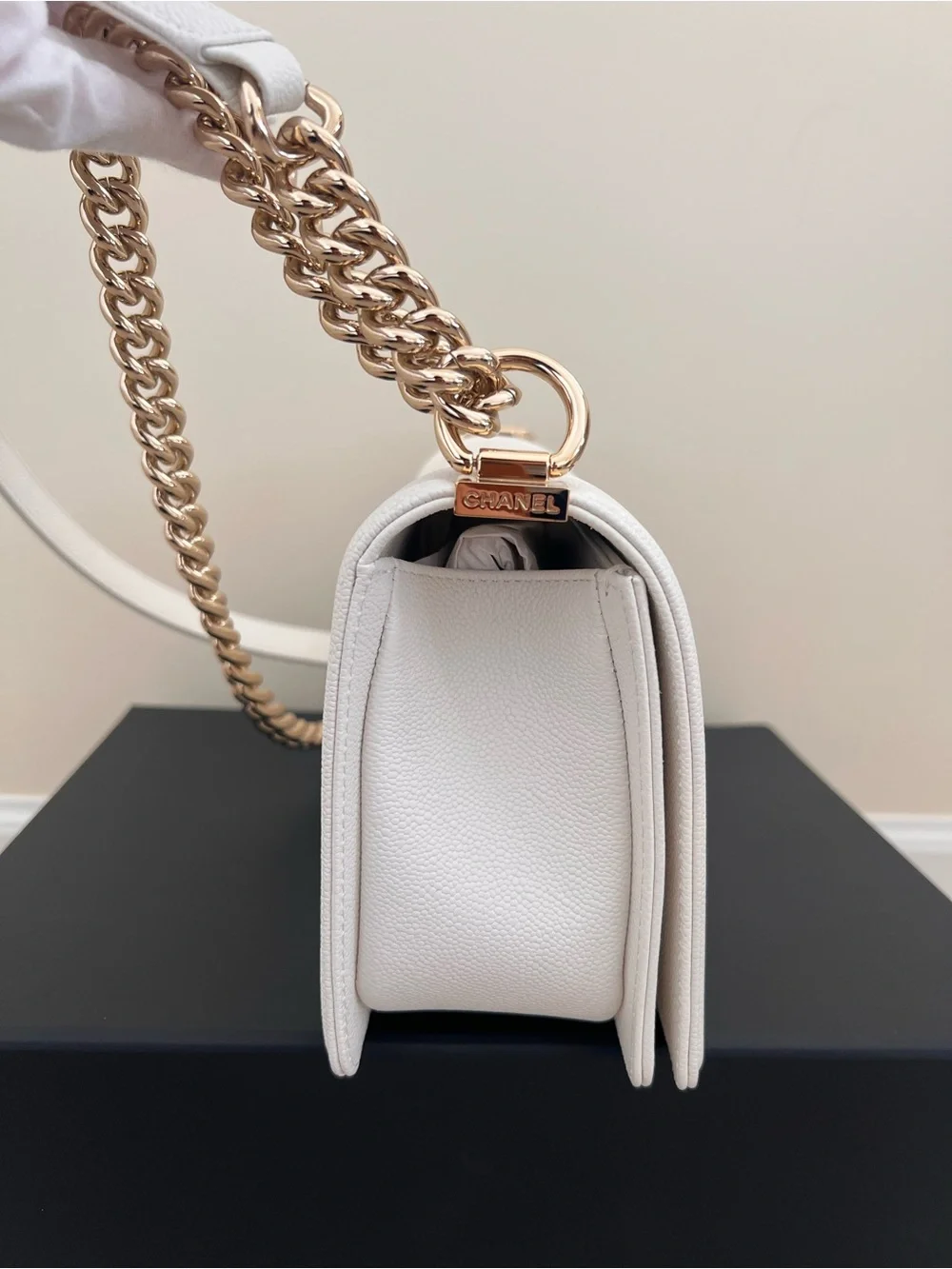 Chanel Caviar White Medium Boy Bag with Champagne Gold Hardware